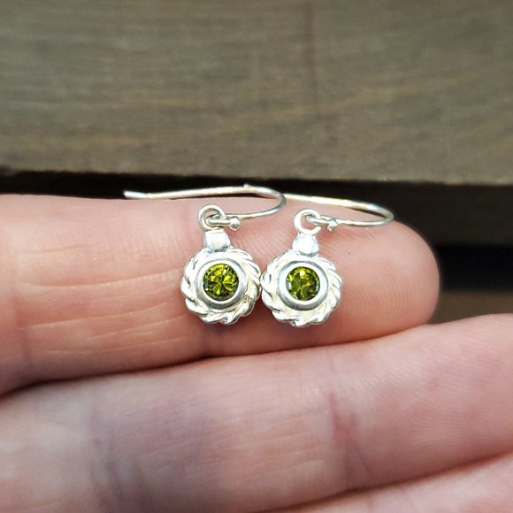 Jewelry - 925 Sterling Silver Small Rustic Cute Green CZ Dangle Earrings